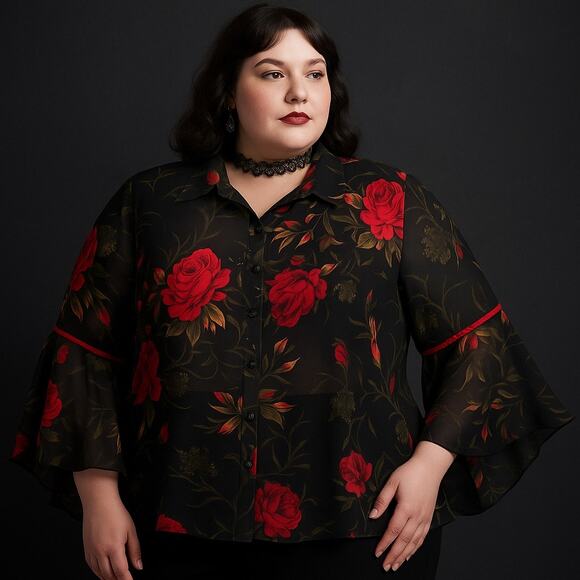 Vtg 90s Beccy's Blouses Button Sheer Top Sz 2X Whimsigoth Vampy Romantic Chiffon - Picture 1 of 10